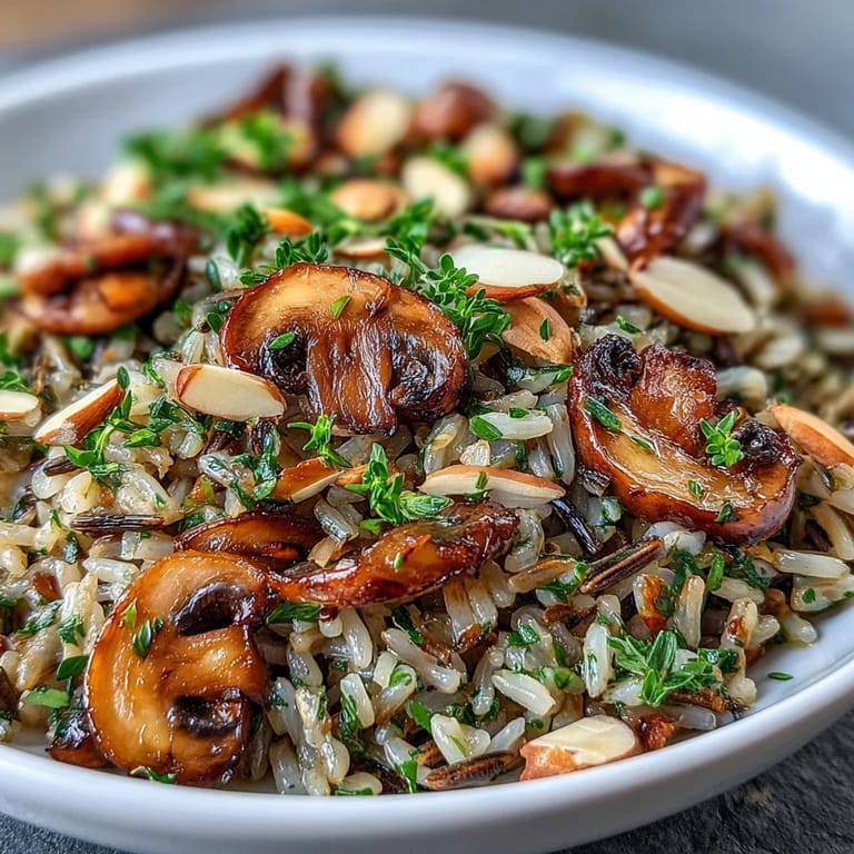 Steamed Wild Rice and Mushroom Pilaf with sautéed cremini mushrooms, celery, and carrots, ready to serve for a vegetarian main.  