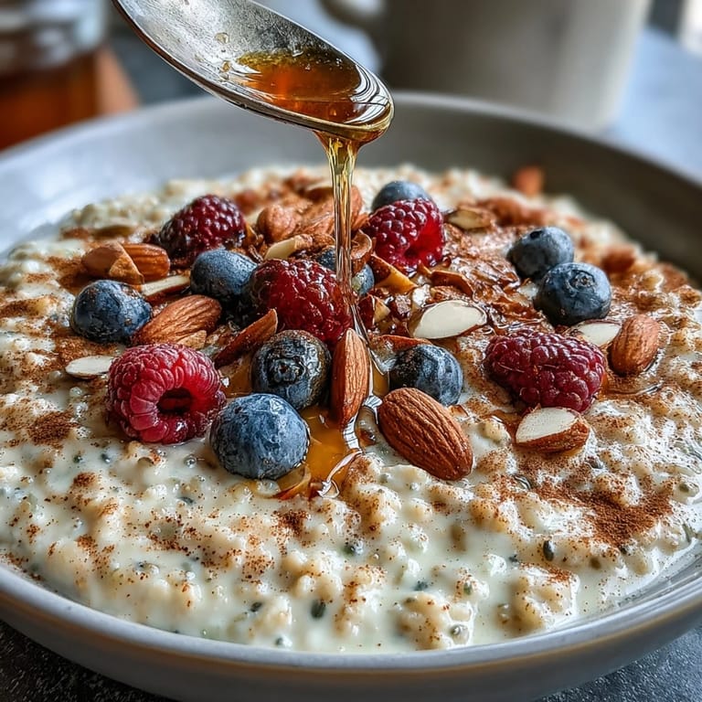 Comforting millet porridge with berries, garnished with almonds and a drizzle of maple syrup, ready to enjoy warm.