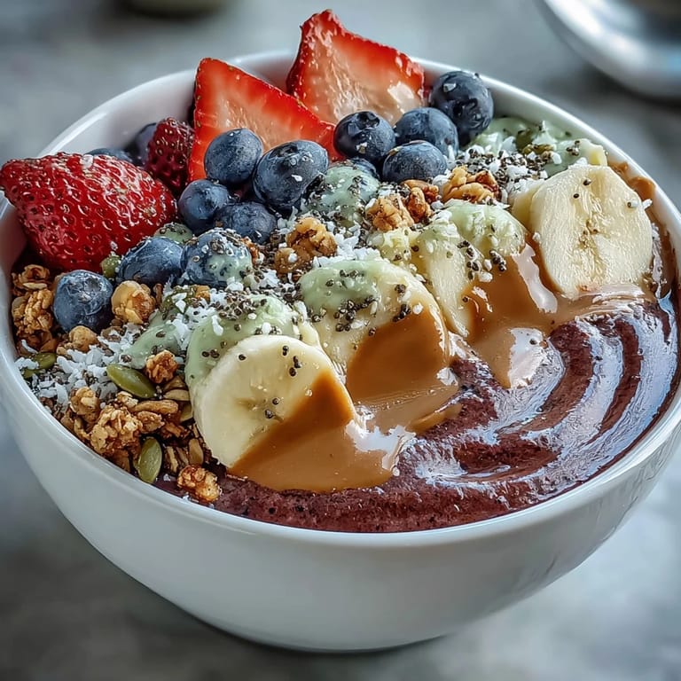 Vibrant Acai Berry Smoothie Bowl topped with fresh fruit, chia seeds, and coconut flakes for a healthy breakfast.