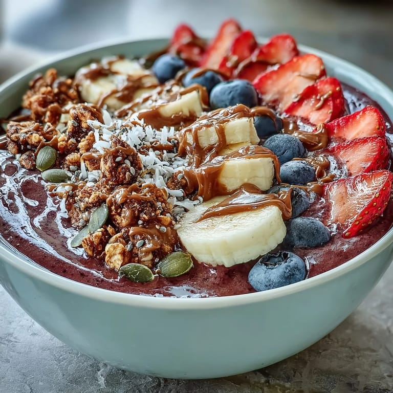 A visually appealing Acai Berry Smoothie Bowl with swirling purple base and an artful arrangement of colorful toppings.