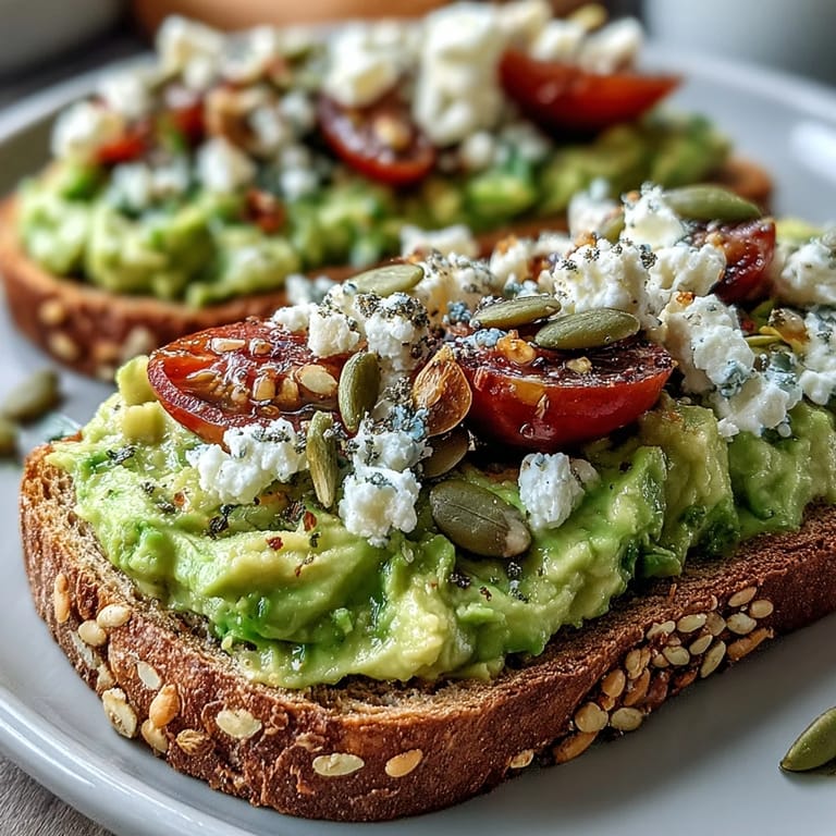 Hearty whole grain avocado toast served with fresh tomato and crunchy pumpkin seeds, making a wholesome, vegetarian-friendly snack or breakfast.