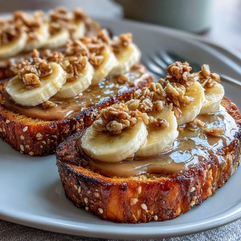 A gluten-free breakfast idea with peanut butter, banana slices, and crunchy granola drizzled with honey on sweet potato toast.  