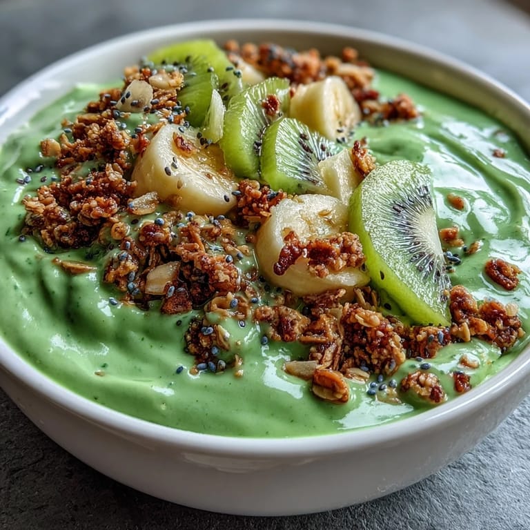This Green Smoothie Bowl features creamy spinach and mango base, sprinkled with chia seeds and shredded coconut for added texture.