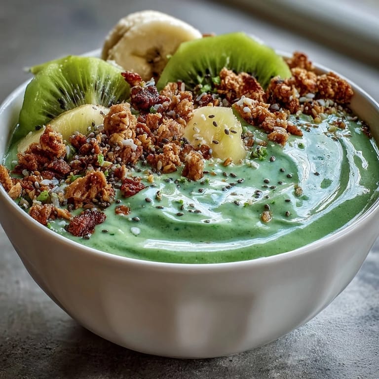 Enjoy a refreshing Green Smoothie Bowl, a beautiful blend of green smoothie and fresh toppings, perfect for a nutritious morning meal.