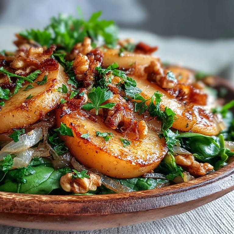 Steaming Warm Apple and Sauerkraut Skillet Salad with wilted greens and caramelized apples in a cast iron pan.