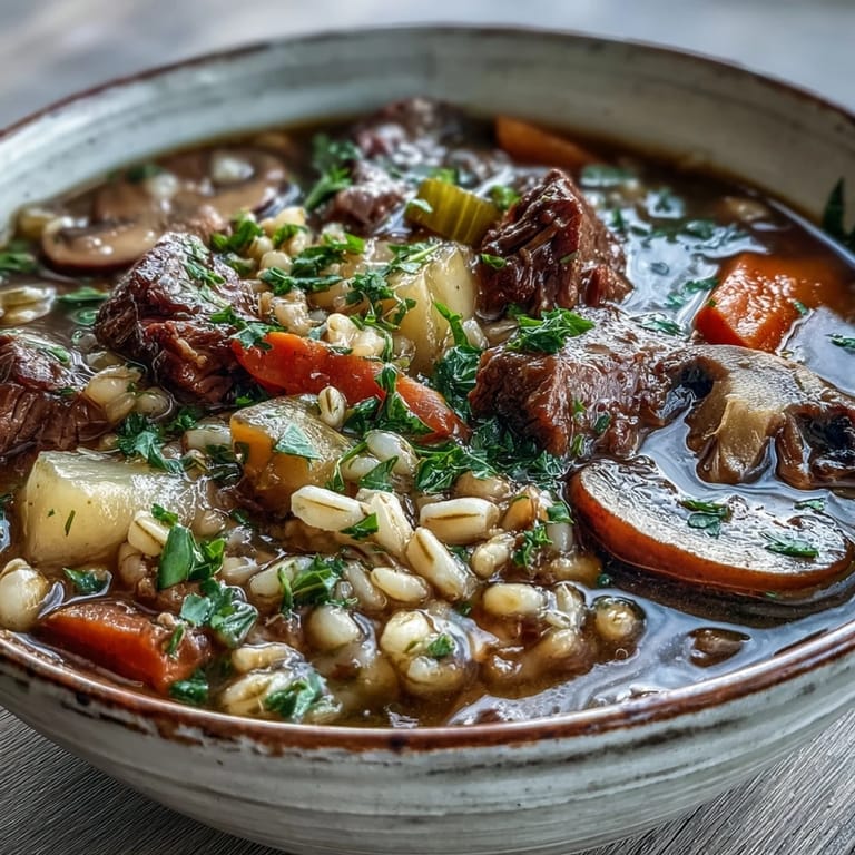 Hearty Vegetable Beef, Barley, and Mushroom Soup served hot in a rustic bowl, garnished with fresh parsley for a cozy family dinner.