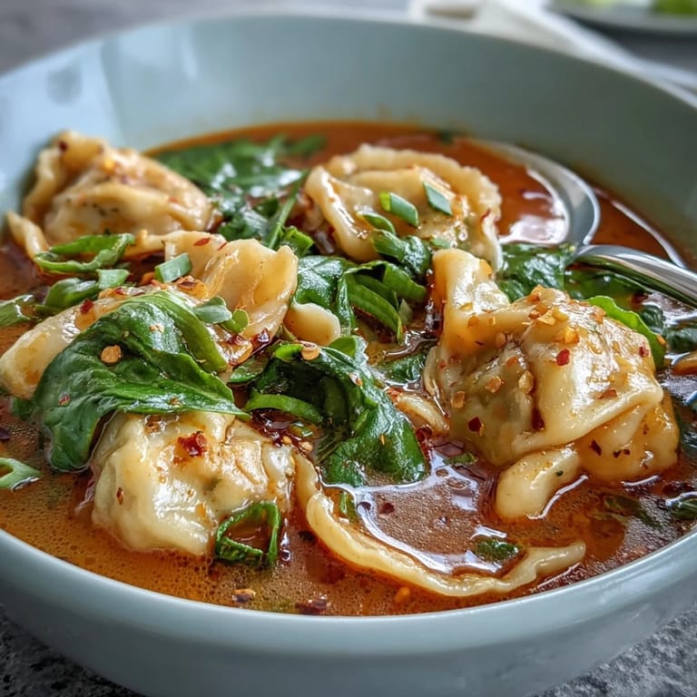 Quick Red Curry Wonton Soup with Greens garnished with fresh cilantro and lime wedges in a cozy kitchen.