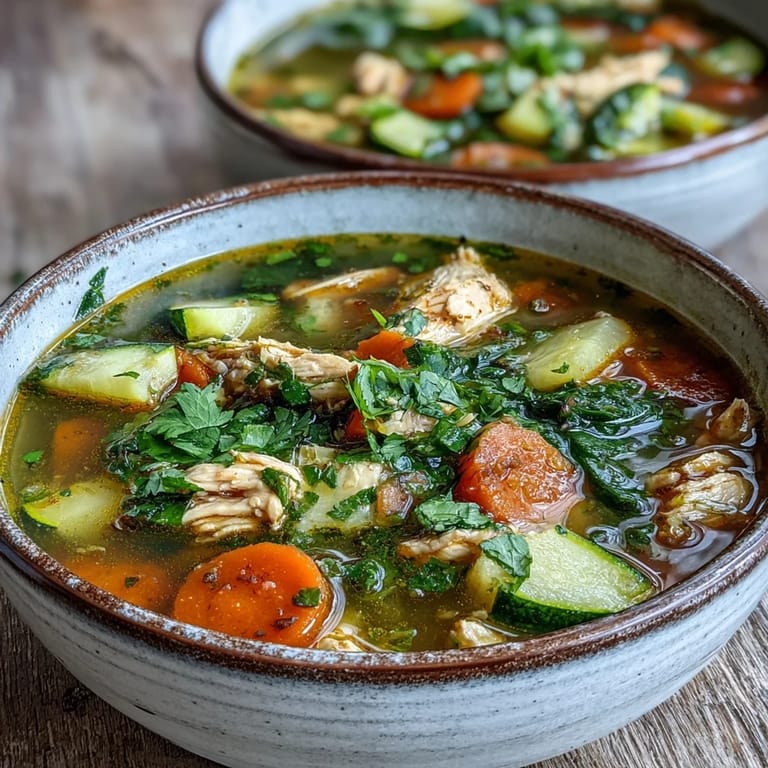 Golden Turmeric Chicken Soup with tender chicken, carrots, and wilted spinach in a fragrant broth.