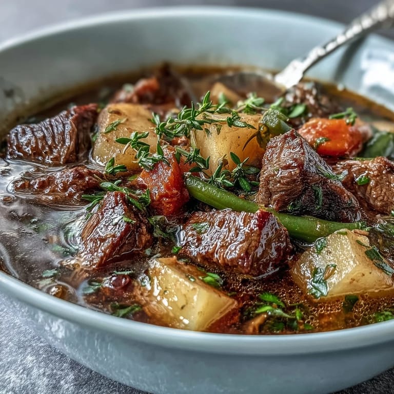 Hearty Beef and Vegetable Soup simmering in a Dutch oven, filled with root vegetables and herbs, ready to warm up a chilly evening.
