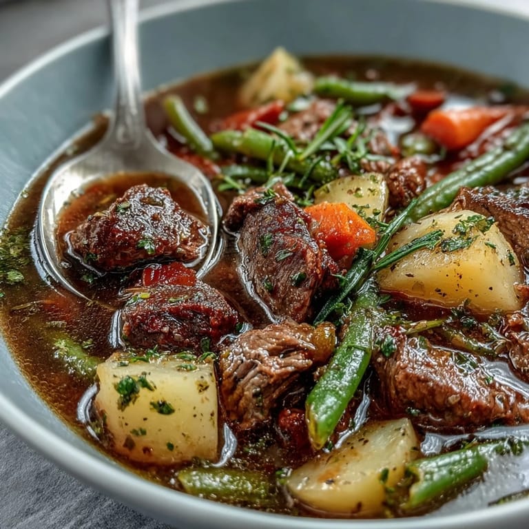 A spoon lifting a savory ladle of Beef and Vegetable Soup, showcasing colorful vegetables and shredded beef, garnished with fresh parsley.