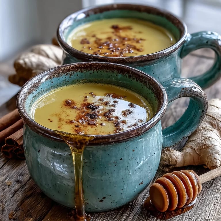 A soothing cup of Turmeric and Ginger Golden Milk topped with a dusting of cinnamon, set against a soft-focus kitchen background for a cozy feel.