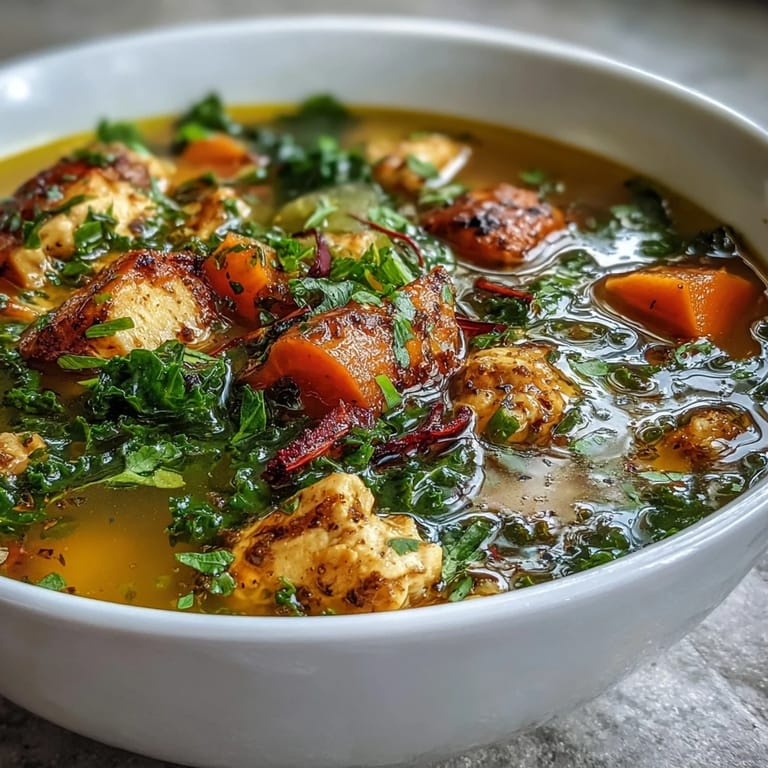 High Protein Lemon and Turmeric Chicken Soup simmering in a pot, with carrots, celery, and kale visible in the vibrant broth.