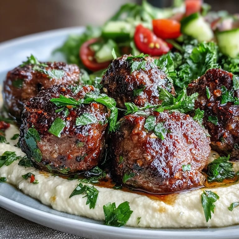 Savory venison meatballs, a crisp mint salad, and rich hummus are served together for a flavorful main dish.