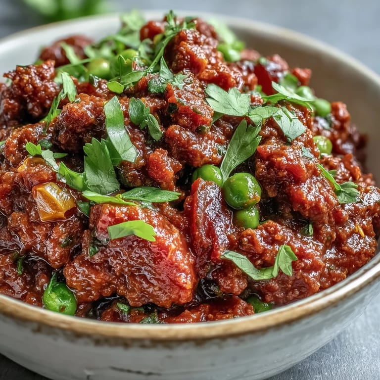 A close-up of Venison Keema Curry garnished with cilantro and served alongside fluffy basmati rice.  
