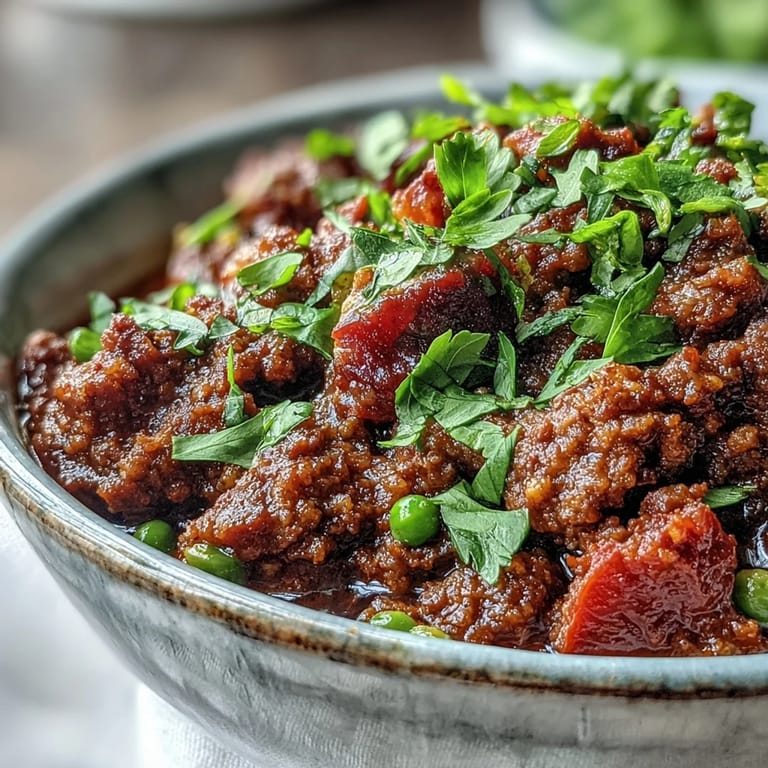 A skillet of bubbling Venison Keema Curry with ground venison and peas, finished with fresh cilantro.