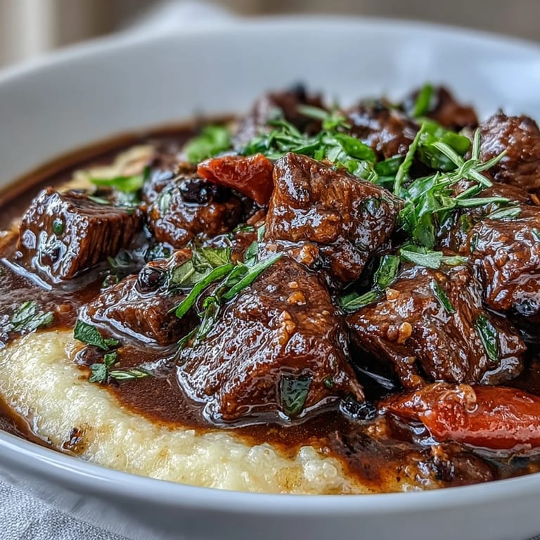 Tender venison stew with sloe gin is spooned over creamy Parmesan polenta for a cozy meal.