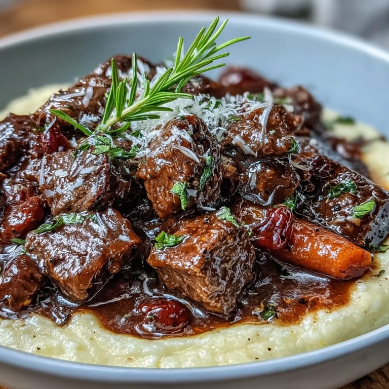 Close-up of Venison Stew with Sloe Gin and Polenta, featuring rich sauce and buttery polenta.
