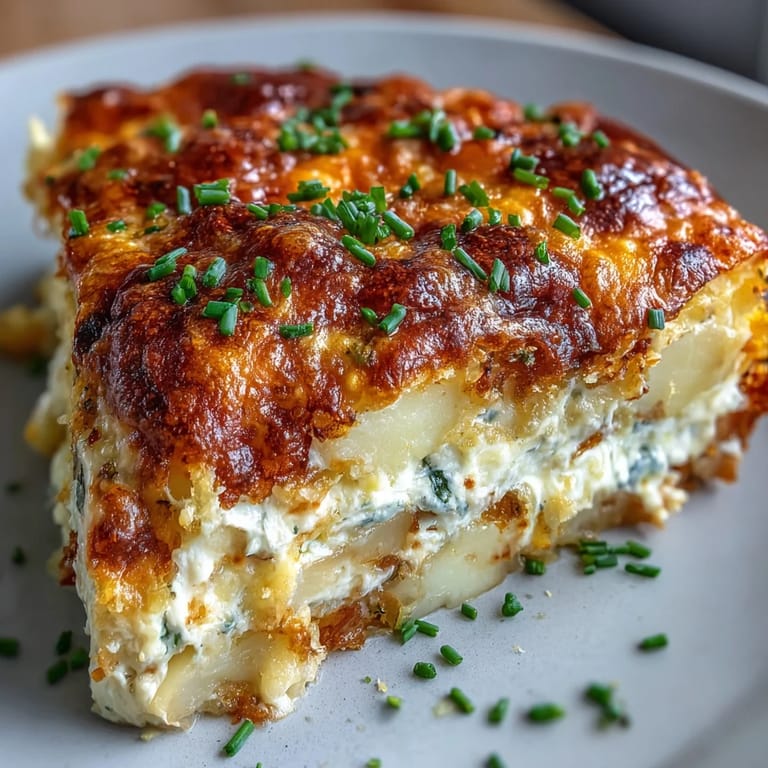 A rustic dish of Cheese and Potato Pie, featuring golden crust and creamy potato layers, garnished with chives.