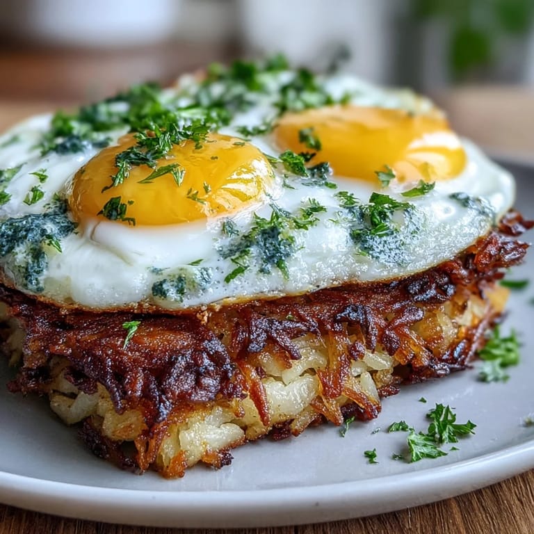 A plate of crispy celeriac rösti, swirled with spicy harissa yogurt and served alongside a perfectly fried egg.