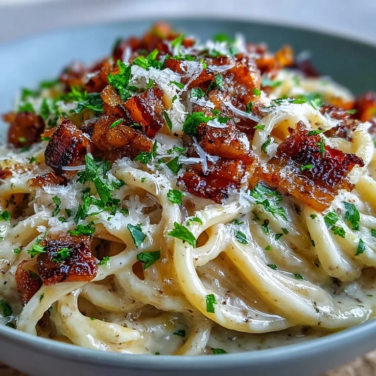 Creamy celeriac carbonara topped with extra Parmesan beside a glass of white wine.