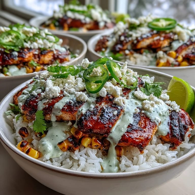 Hearty Street Corn Chicken and Rice Bowls served with juicy lime-marinated chicken thighs, fluffy rice, smoky corn, and a creamy sauce in a vibrant bowl.