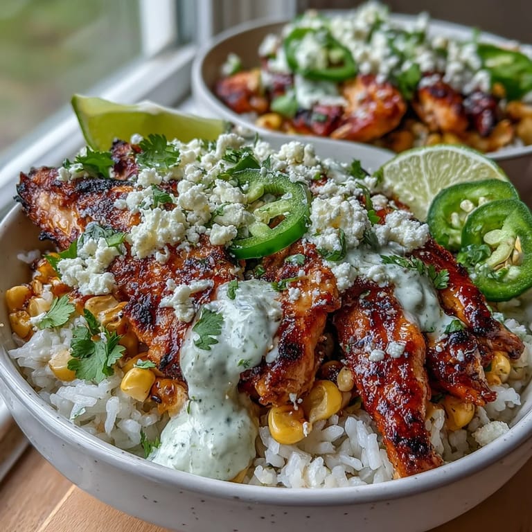 Plated Street Corn Chicken and Rice Bowls featuring golden cilantro-lime rice, tender grilled chicken, fresh jalapeños, and lime wedges for a complete weeknight meal.
