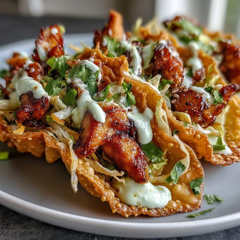 Golden fried wonton shells hold smoky spiced chicken and tangy slaw for Crispy Chicken Wonton Tacos.