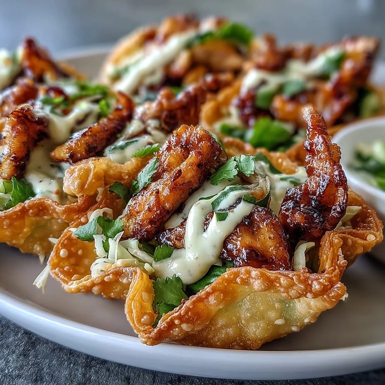 A platter of Crispy Chicken Wonton Tacos topped with drizzled sriracha mayo and lime wedges, ready for dinner.