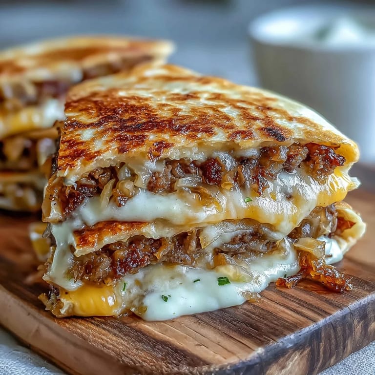 Sizzling Cheesy Griddled Smashburger Quesadillas on a skillet with American cheese and patty layers.