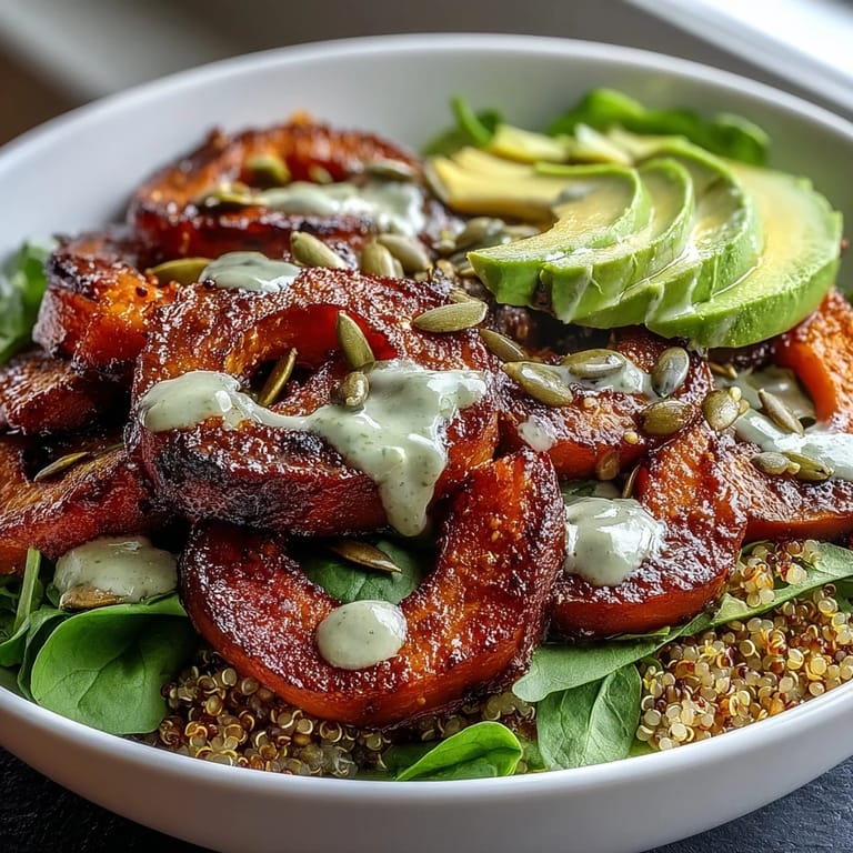 Sliced steak and caramelized butternut squash top fluffy quinoa and greens in a savory bowl drizzled with bright lime-cilantro dressing.