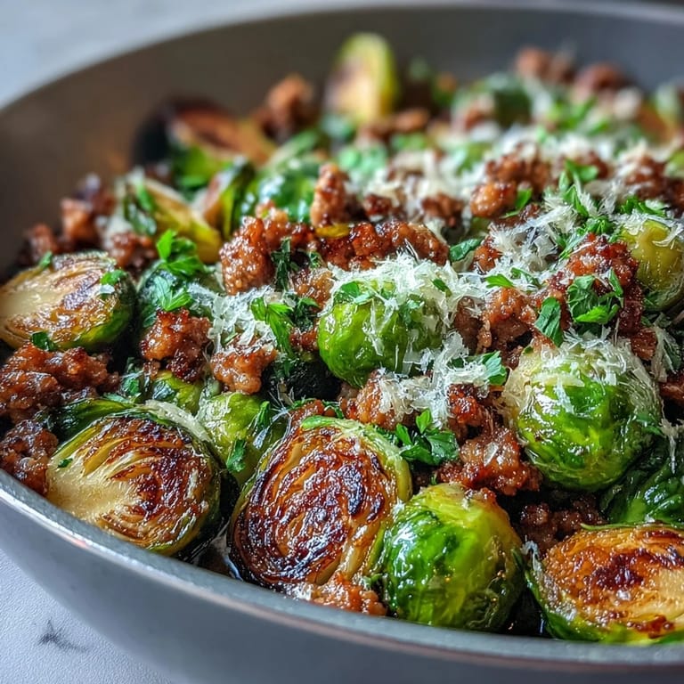A steaming skillet of Brussels sprouts and ground turkey topped with melted Parmesan, served with a lemon wedge.