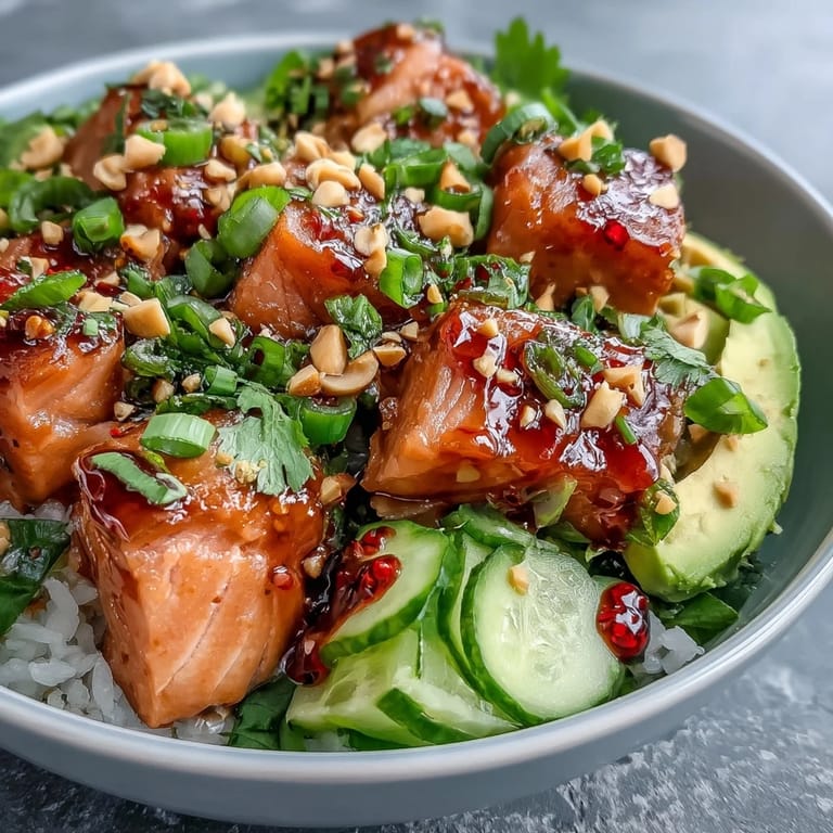 A close-up shows a spoon drizzling spicy chili oil over the savory Avocado Salmon Bowl.