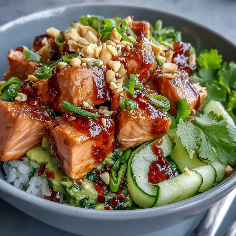 Lime wedges and chopped peanuts garnish this fresh, easy-to-make Avocado Salmon Bowl, perfect for a quick weeknight meal.