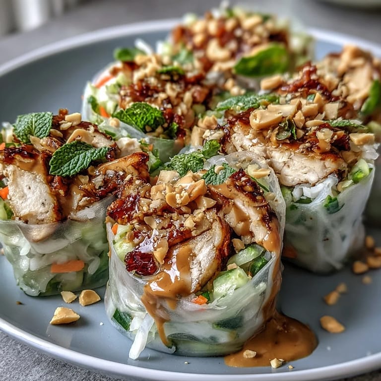 Fresh Vietnamese-inspired Rice Paper Roll Bowl topped with grilled chicken, herbs, and chopped peanuts.