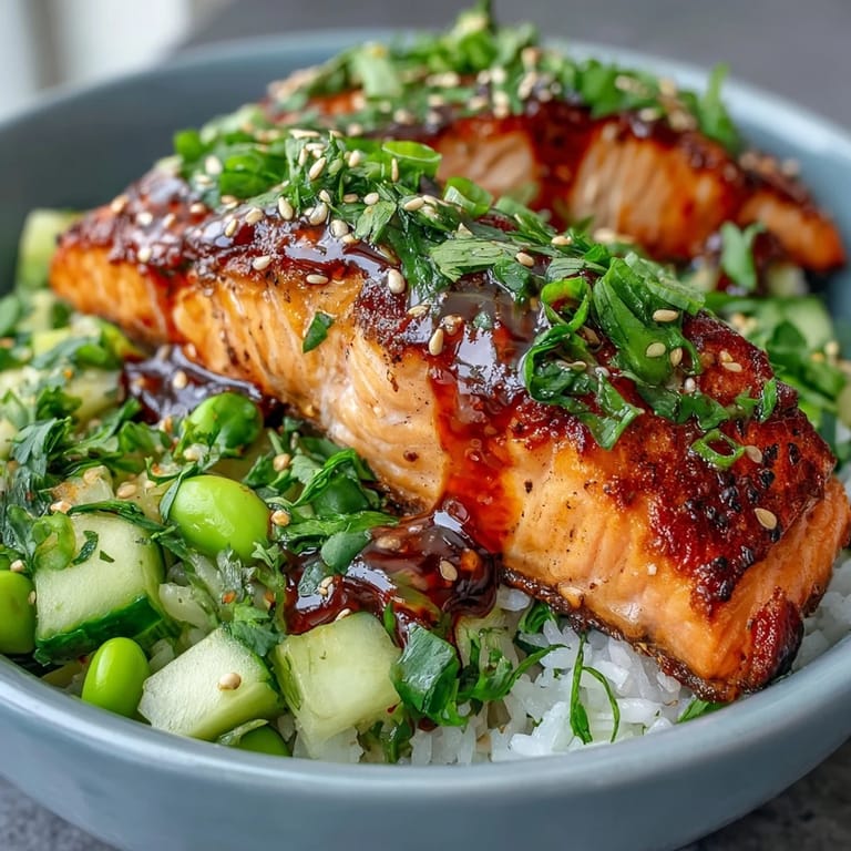 A close-up shows seasoned salmon fillet, vibrant green edamame salad, and spicy bang bang drizzle over a warm rice bowl.