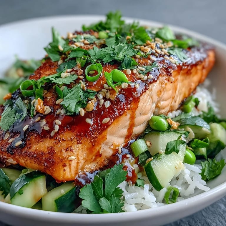 Assembled Bang Bang Salmon Bowl with toasted sesame seeds and lime wedges, ready to serve as a fresh, flavor-packed meal.