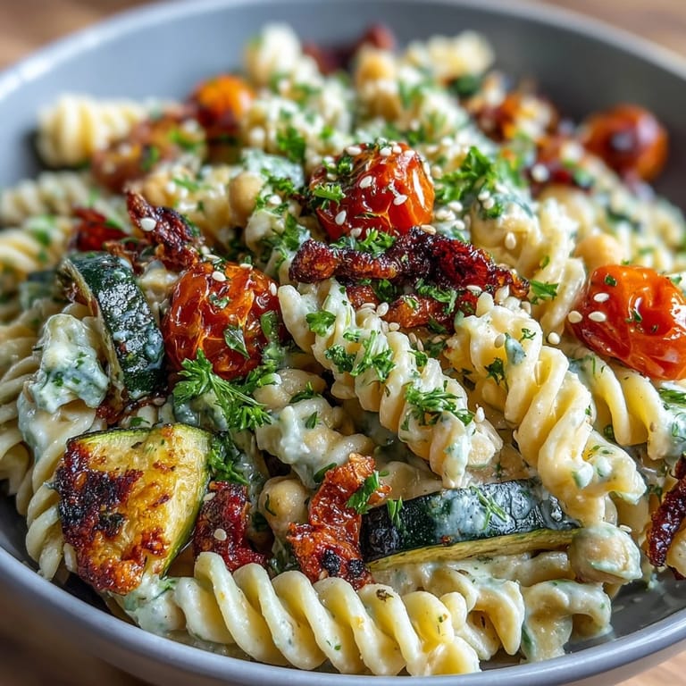 A close-up of a vibrant chickpea pasta bowl featuring caramelized vegetables and a glossy tahini drizzle, topped with toasted sesame seeds for crunch.