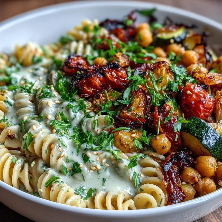Serving suggestion for a wholesome chickpea pasta bowl: fork-twirled pasta and roasted veggies in a rustic bowl with a lemon wedge on the side.