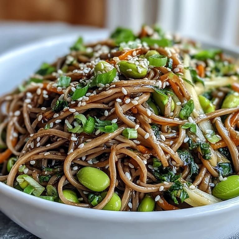 Colorful Soba Noodle Bowl garnished with green edamame, scallions, and toasted sesame seeds, offering a refreshing and nutritious Japanese-inspired meal.