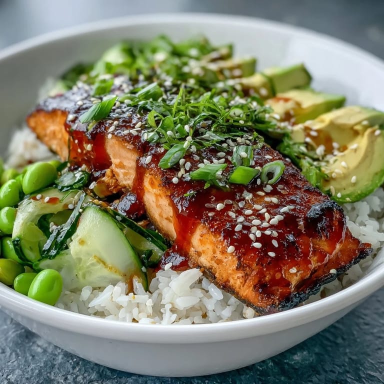 A close-up of a Honey Sriracha Salmon Bowl showing edamame, sliced avocado, and a creamy drizzle of spicy mayo for a complete meal.