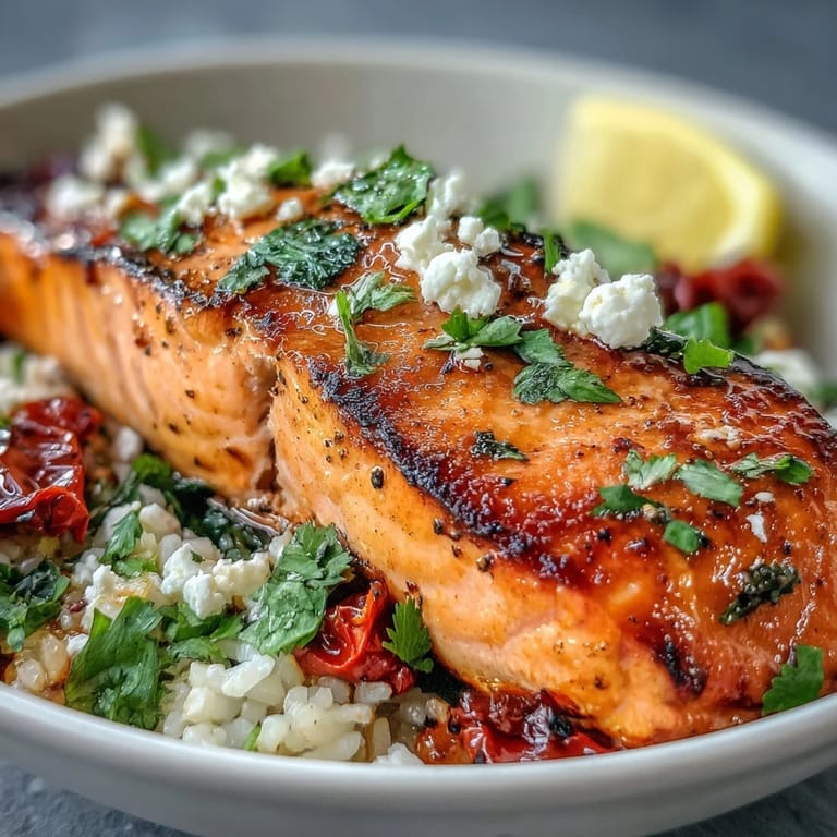 Golden Mediterranean Salmon Bowl featuring crispy salmon fillets, colorful veggies, and fresh cilantro garnish.