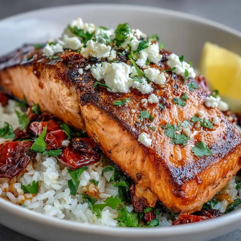 Healthy Mediterranean Salmon Bowl topped with sun-dried tomatoes, olives, and a squeeze of lemon.