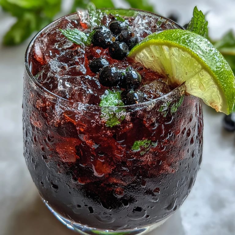 A vibrant Black Currant Mojito with deep purple juice and mint, topped with club soda bubbles and ready for a summer party or relaxing evening.