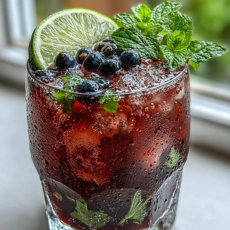 Close-up of a homemade Black Currant Mojito featuring muddled mint, lime, and berry garnish beside a festive striped straw on a rustic tabletop.