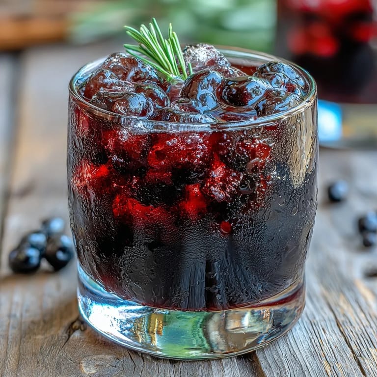 Close-up of the Black Currant Rosemary Cocktail highlighting the aromatic rosemary garnish and rich, tart purple hue of the bourbon mixture.