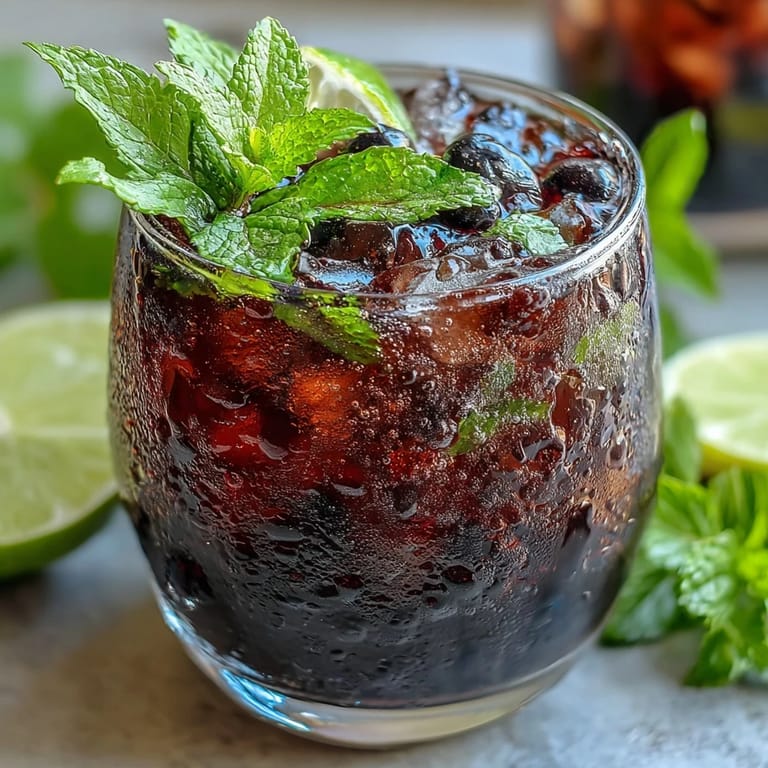 Refreshing Black Currant Mojito cocktail topped with soda water, mint sprigs, and fresh berries on a summer table.