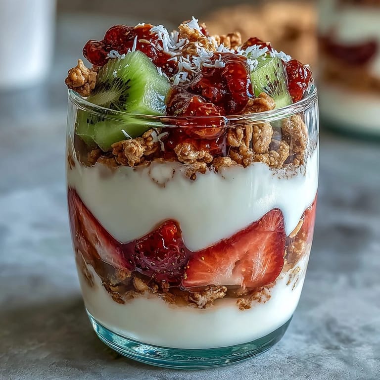 Sunlit Guava-Flavored Yogurt Parfait in a mason jar, layered with kiwi slices and finished with mint garnish.