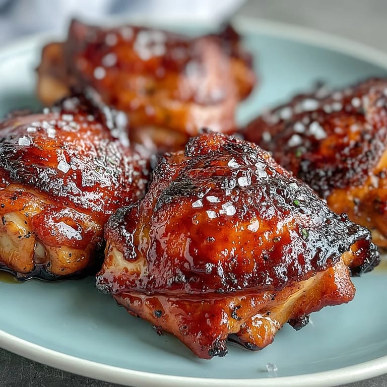 Guava BBQ Sauce Chicken thighs on a baking sheet with rich red glaze and fresh scallions.