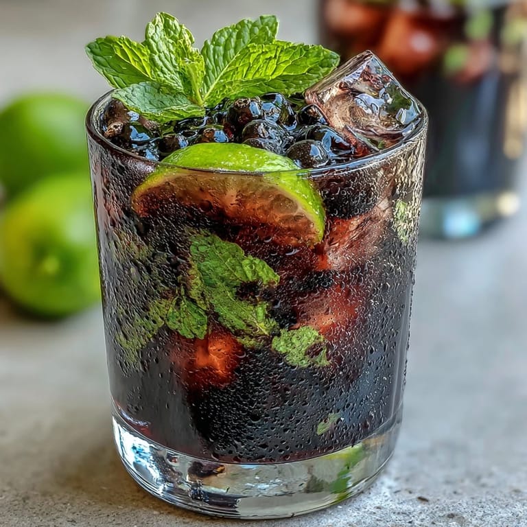 Frosted highball glasses filled with Tangy Blackcurrant Mojito, muddled mint leaves and lime wedges visible beneath deep purple syrup and soda water for a crisp finish.