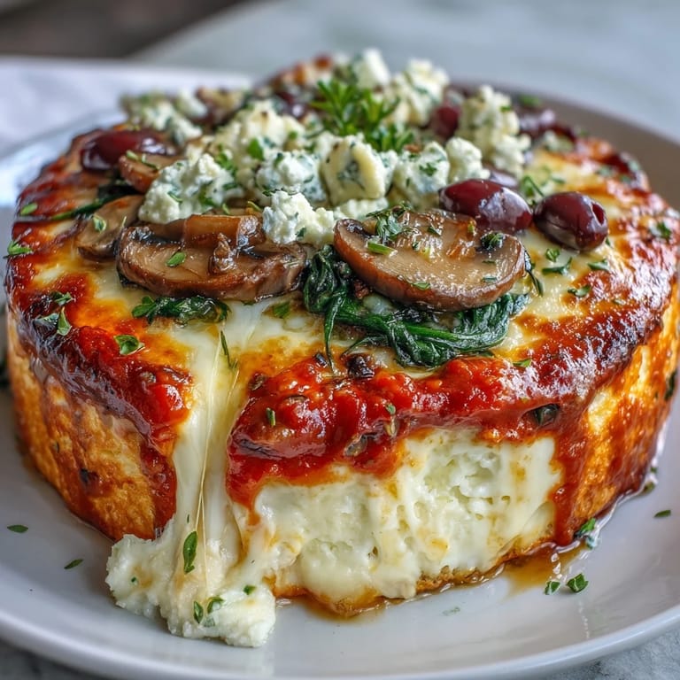 Cottage Cheese Pizza Bowl topped with bubbling cheese and fresh spinach, baked to golden perfection in a dish.